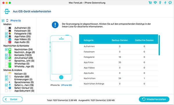 gelöschte oder verlorene iPhone 5S Daten wiederherstellen mac