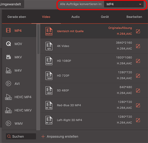 TRP Converter Mac, Ausgabeformat auswählen